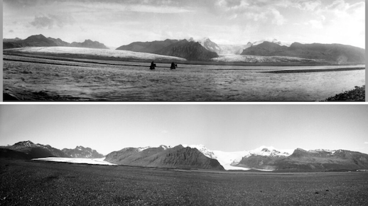 The upper image shows Skaftafellsjökull and Svínafellsjökull sometime between 1920 and 1925 (photograph: Ólafur Magnússon). The lower image shows the same glaciers in 2012 (photograph: Aron Reynisson), with the glaciers separating from each other around 1940. (Images obtained from www.loftslagsbreytingar.is)