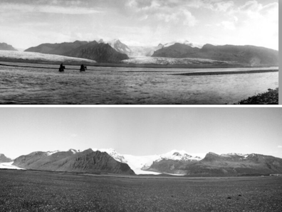 The upper image shows Skaftafellsjökull and Svínafellsjökull sometime between 1920 and 1925 (photograph: Ólafur Magnússon). The lower image shows the same glaciers in 2012 (photograph: Aron Reynisson), with the glaciers separating from each other around 1940. (Images obtained from www.loftslagsbreytingar.is)